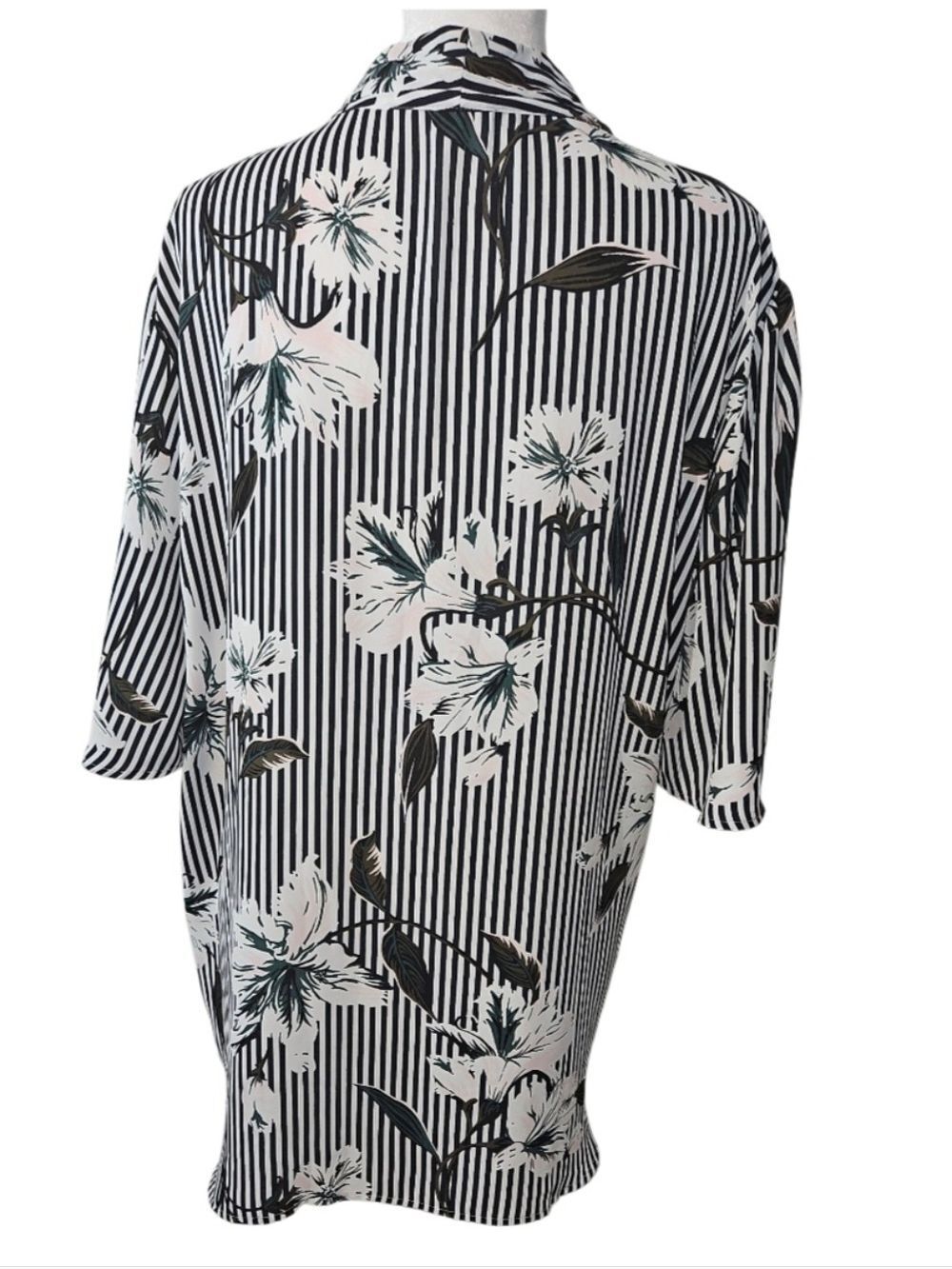 Ann Taylor XL Floral Striped V-Neck Blouse Pink Black White Boho Chic Top EUC - Picture 8 of 17